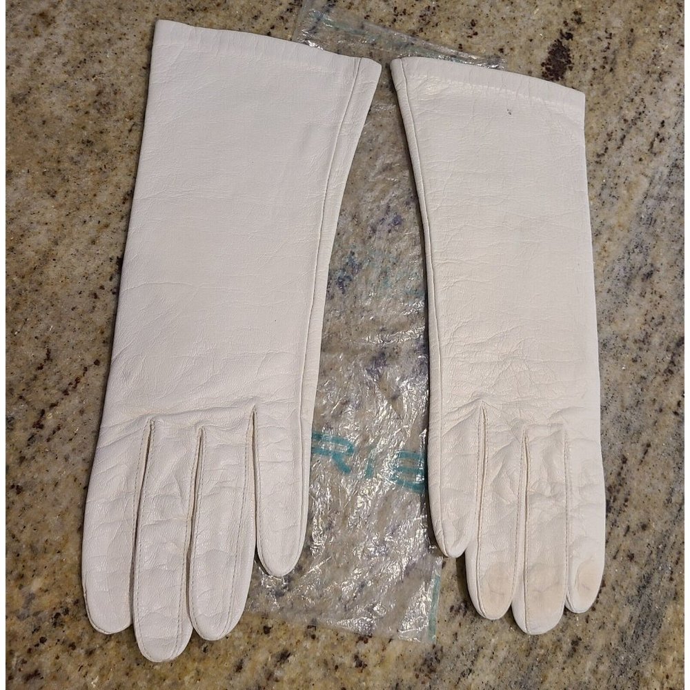 Vintage Size M 7 Ivory White Nylon Lined Leather 10.5" Formal Gloves Miss Aris